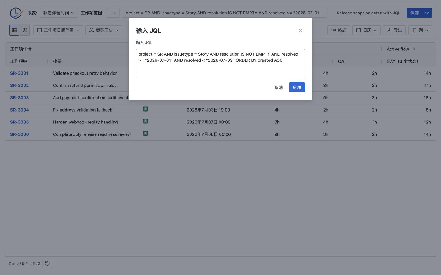 StatusPath Reports 使用已验证的 Jira JQL 数据源