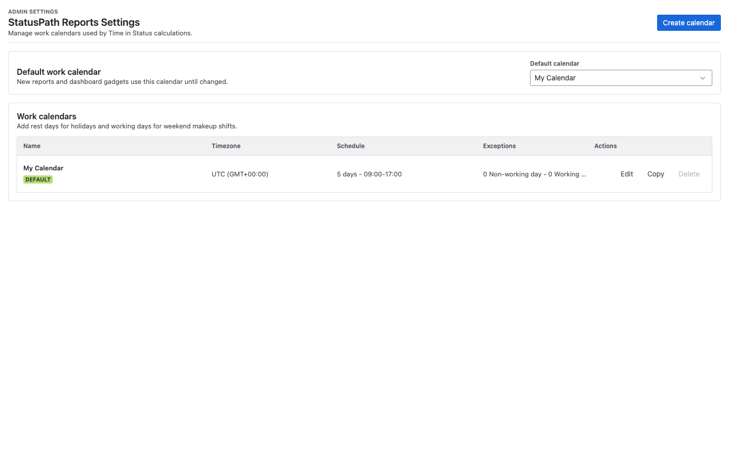 StatusPath Reports business hours settings inside a working calendar